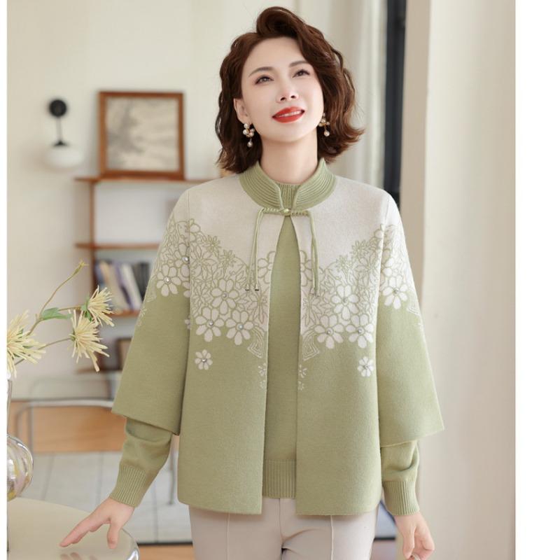 New Chinese women's spring and autumn inner with autumn and winter sweater bottoming shirt mother's autumn suit knitted cardigan two-piece set