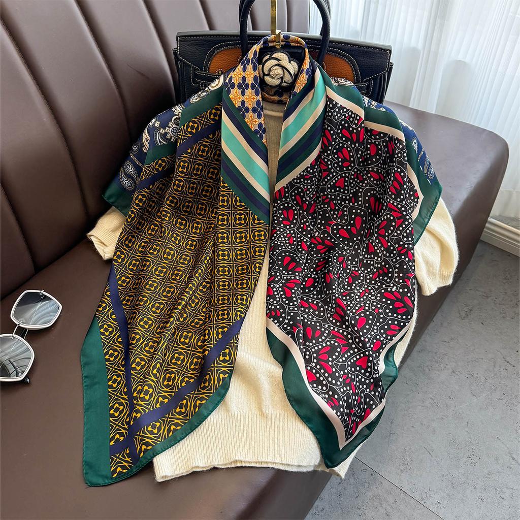 90×90Cm  Satin Shawl Design Flowers Silk Square Women Neck Scarves Wrap Headkerchief Beach Hair Band Women'S Bandana