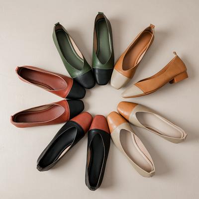 Leather Casual Explosion Color Matching Flat-soled Single Shoes Fashion Splicing Square Head French Light Mouth Low Heel Grandma Lazy Shoes Women