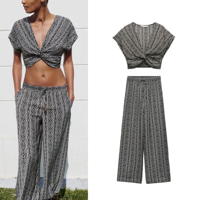 Spring New V-neck with Knot Print Cut Tops 3564096 High Waist Wide Tube Pants 3564095