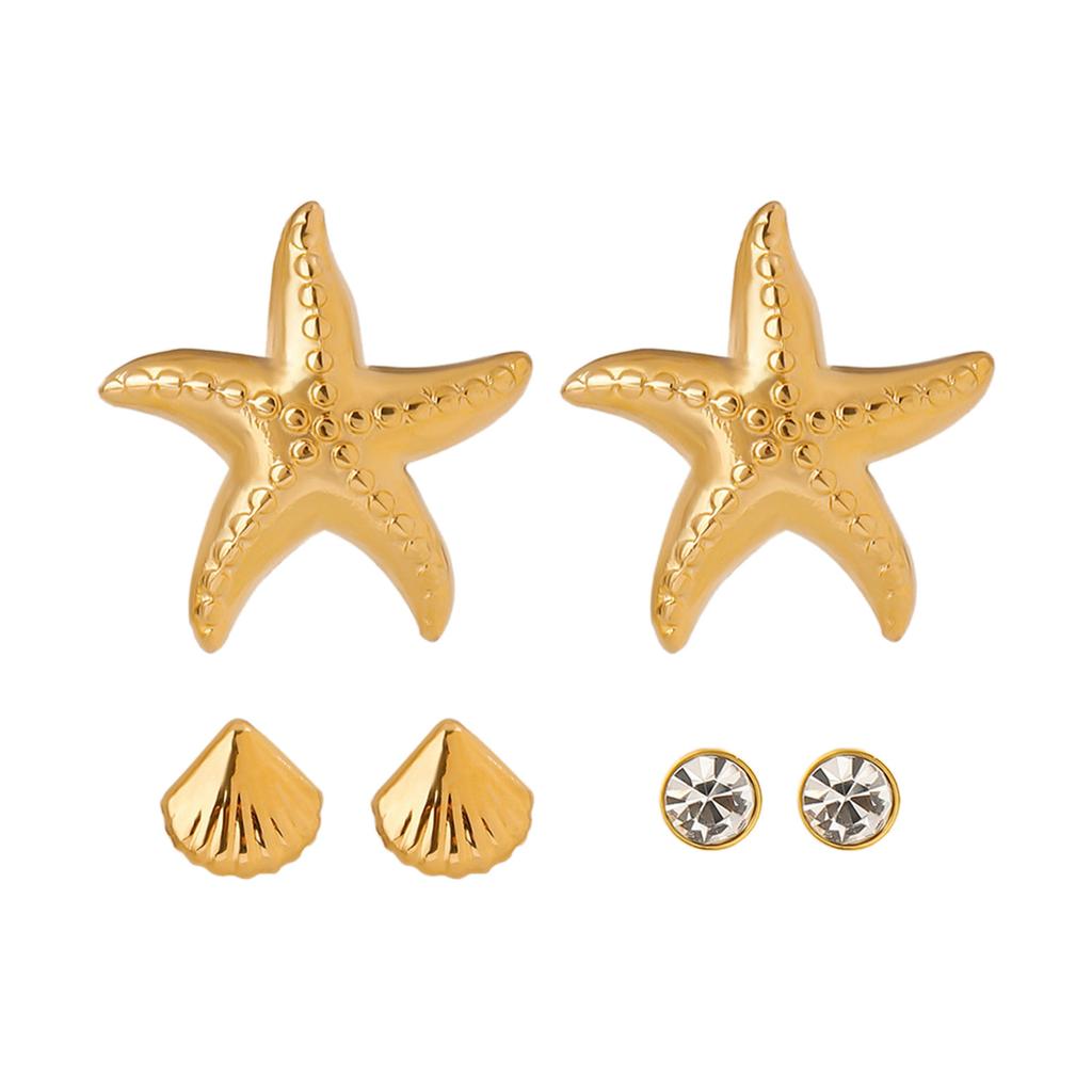 3 Pair Starfish Shell Earrings Set Fashionable Stackable Ear Studs Ocean Inspired Jewelry Accessories for Women