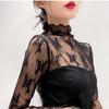 Top in pizzo con scollo a mezza altezza per donna con maniche lunghe, top sexy a strati in maglia sottile