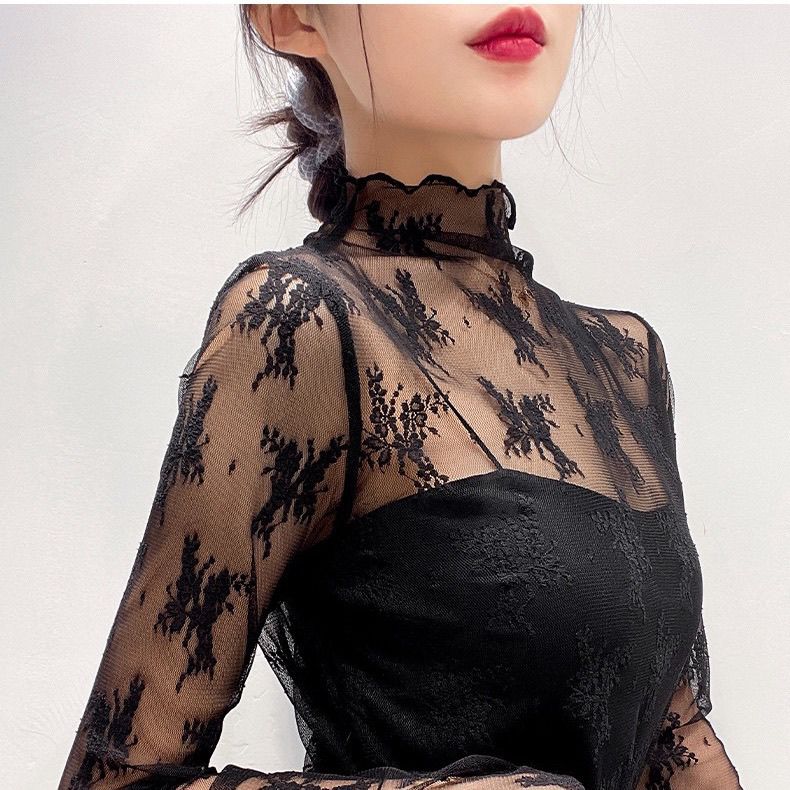 Top in pizzo con scollo a mezza altezza per donna con maniche lunghe, top sexy a strati in maglia sottile