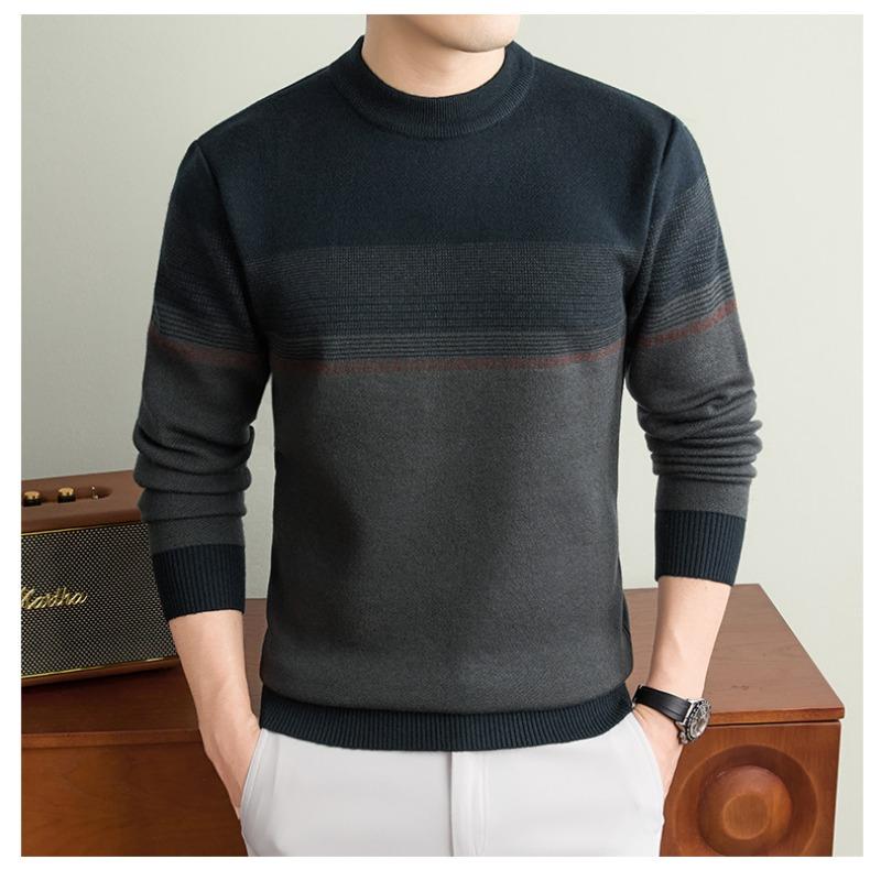 Men S Thick Striped Round Neck Long Sleeve Knitted Pullover Sweater Business Casual