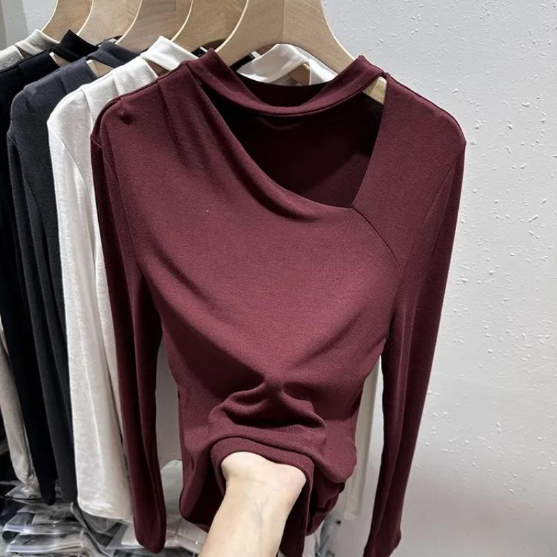 

Женский топ с вырезами, воротником-стойкой, длинными рукавами, облегающий, из эластичной ткани, стильный, повседневный, офисный, для ежедневного ношения S