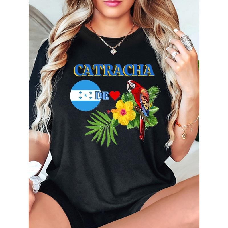 Womens Casual Floral Parrot Print T Shirt Crew Neck Short Sleeve Spring Summer Top S