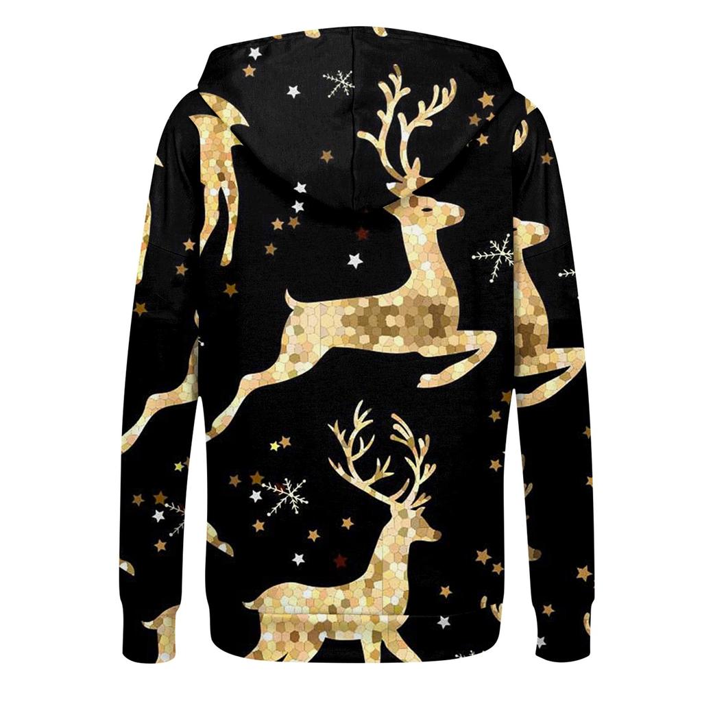 Women's Fashion Casual Christmas Print Long Sleeve Sweatshirt Pocket Jacket Zipper Hoodie Coat