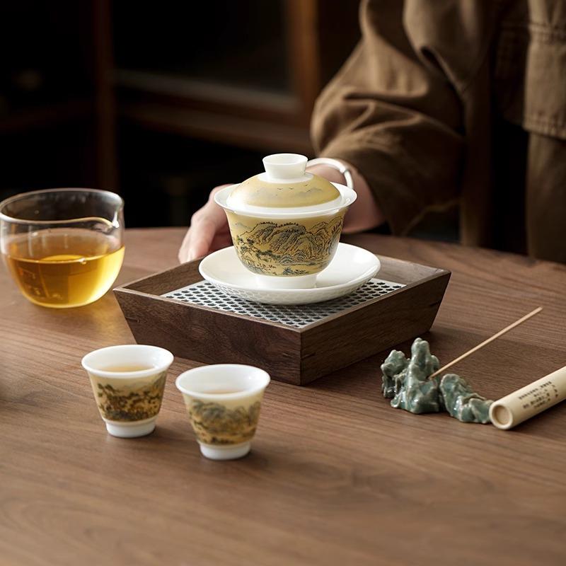High-end Kung Fu tea set, household hand-painted step-by-step cover bowl teacup gift box plus