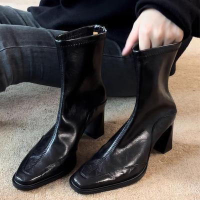 Han Thick Heel Square Head Short Boots Retro Elastic Thin Boots Women's Rear Zipper High Heel Short Boots Martin Boots Women's