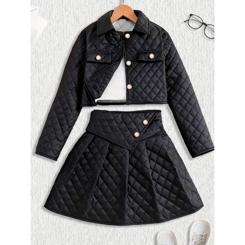 [2pcs Girls' Suit Set] 2pcs Autumn/Winter Warmth Girls' Suit Set, Fashionable Short Buttoned Jacket and Mini Skirt | Plus Plaid Holiday Gift Set