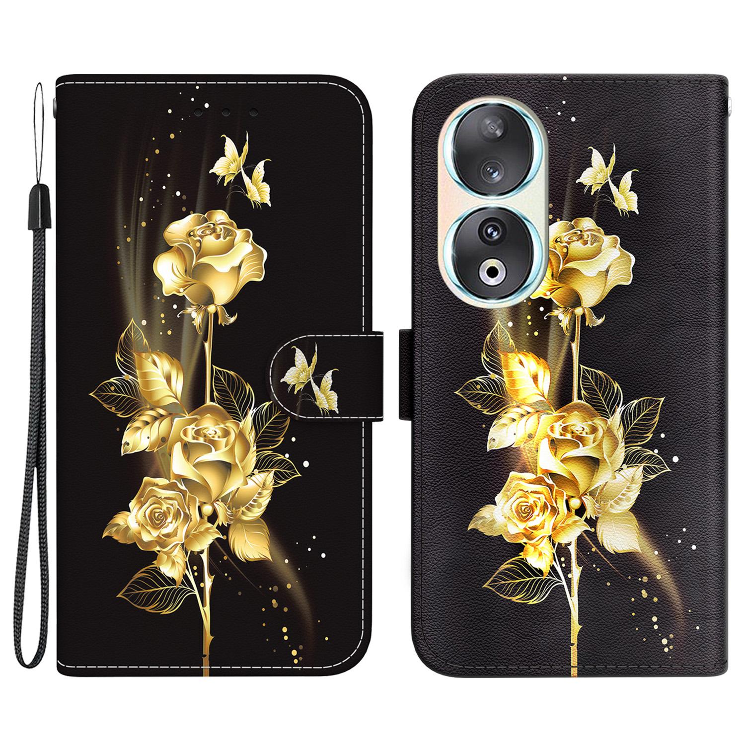 

For Honor 90 Case Pattern Printing Shockproof Phone Cover Gold Butterfly Rose