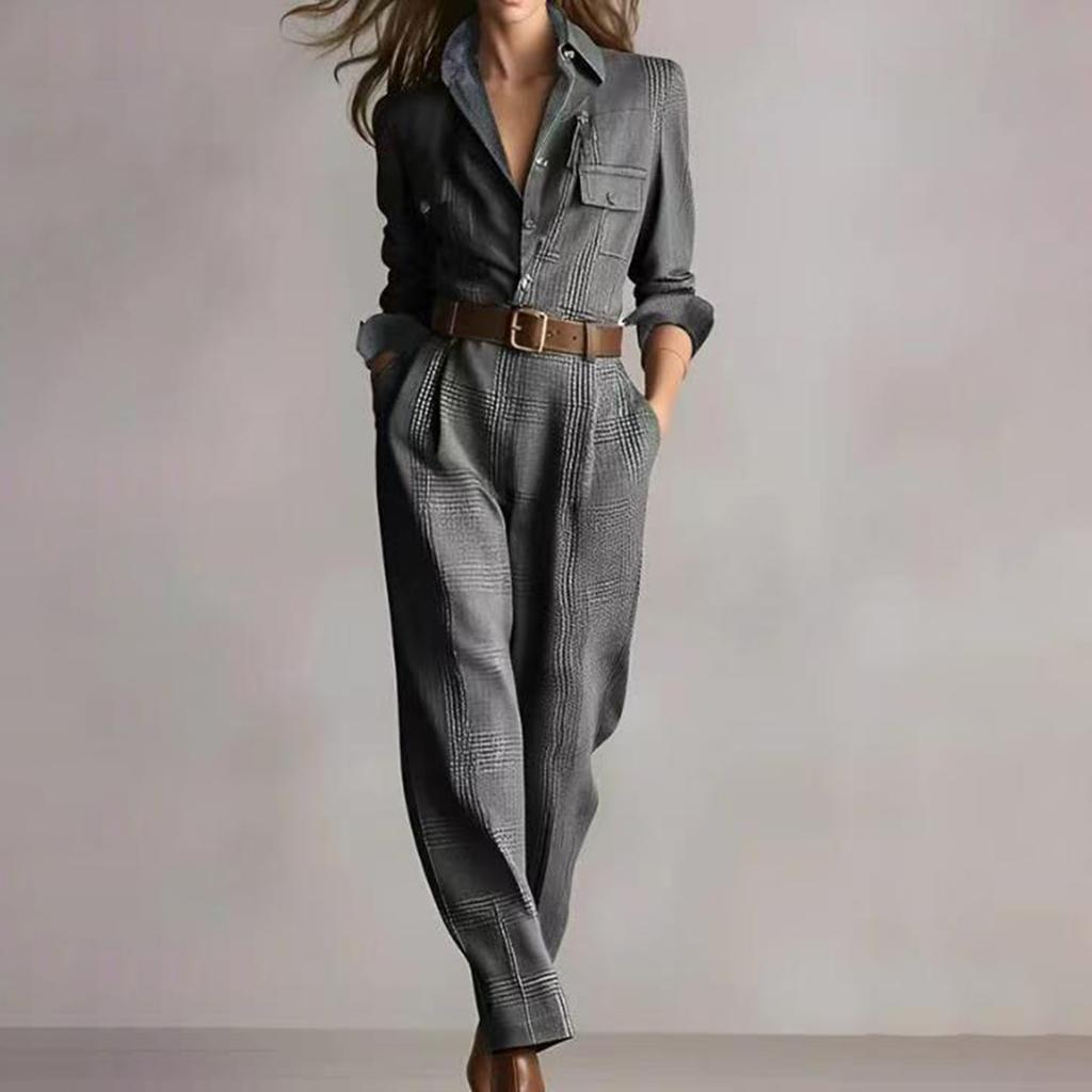 Women's Long Sleeved Lapel Button Retro Plaid Workwear Jumpsuit With Belt Included