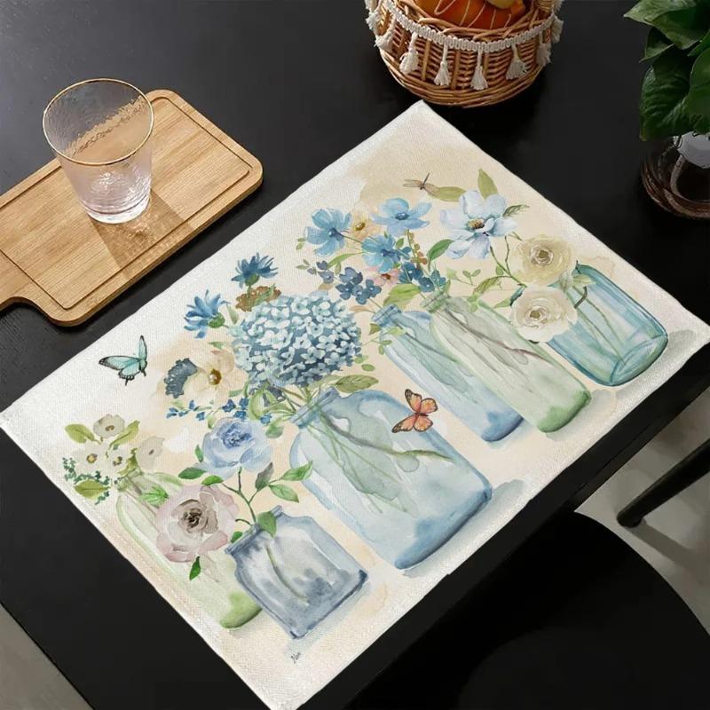 4/6/8pcs Garden Blooms Placemats Delicate Daisy Rose Printed Design Elegant Table Mats for Dining Kitchen Tea Party Decor