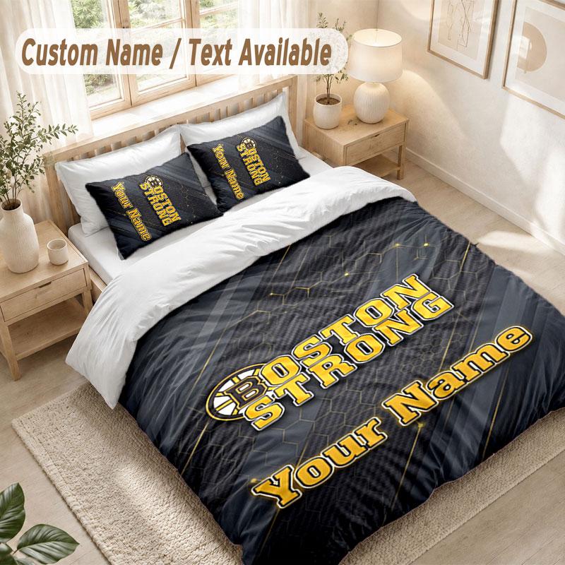 Set Biancheria da Letto Personalizzato 3 PezziStampa Boston Bruins Copripiumino + 2 Federe Morbido Arredo Letto