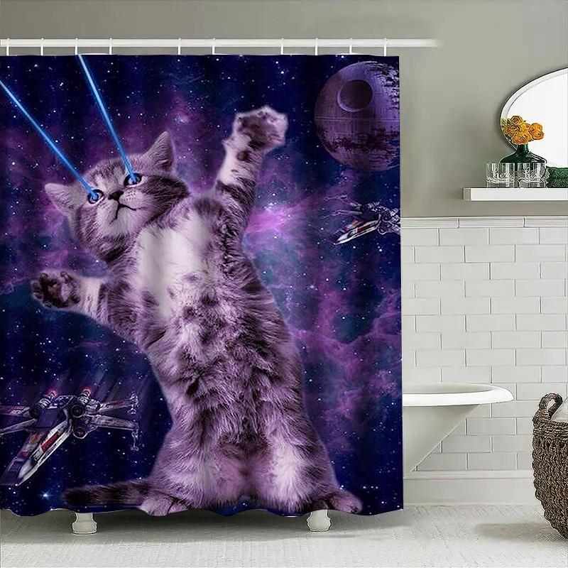 Space Cat With Laser Eyes Waterproof Shower Curtain Heat Resistant Machine Washable Non-Transparent 180X180Cm
