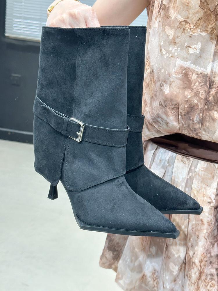 Wasteland wind pointed belt buckle high-heeled short boots autumn fine-heeled trouser tube boots suede short boots
