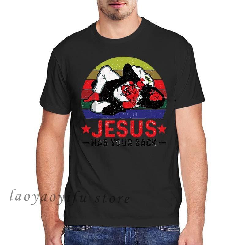 Men Clothing Jesus Has Your Back Jiu Jitsu Vintage Christian Short-sleev Tops Male Kawaii Clothing Oversized T Shirt Ropa Hombre