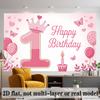 Pink First Birthday Banner, Crown Balloons Backdrop Wall Decor for Party