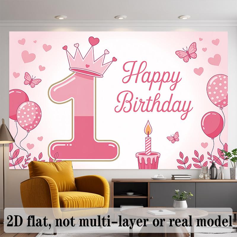 Pink First Birthday Banner, Crown Balloons Backdrop Wall Decor for Party