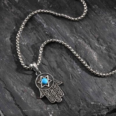 Collana Pendente Esagramma in Acciaio Inossidabile Turchese Mano di Fatima (PN-2232)