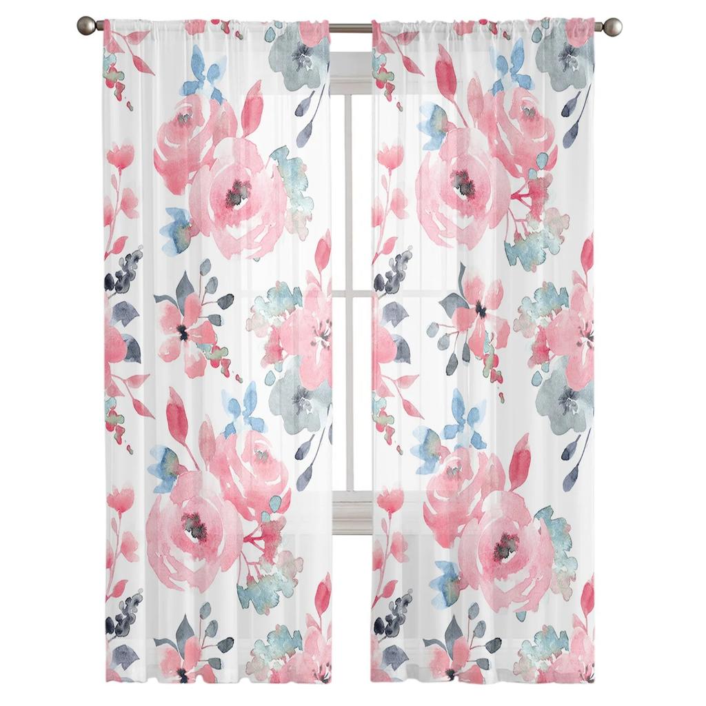 Aquarell Sommer Rosa Blau Blumen Schlafzimmer Transparent Gardinen Urlaub Dekoration Fenster Voile Tüll Vorhang