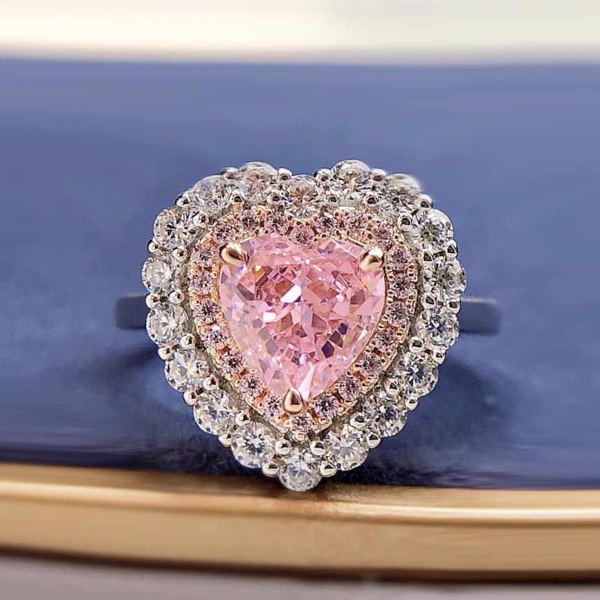 Longlongjin S925 Silber Herzförmiger Rosa Simulierter Diamanten Cluster Ring