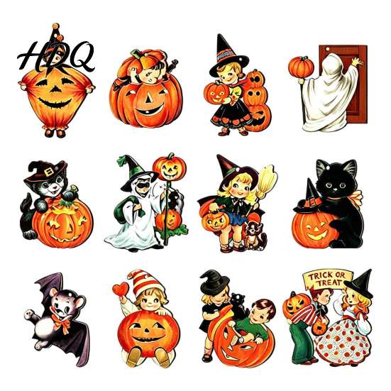 Retro Cartoon Style Party Favors Halloween Wooden Pendants with Lanyard Vintage Hanging Ornaments Pumpkin Ghost Black Bulk Decorations for Events Cat