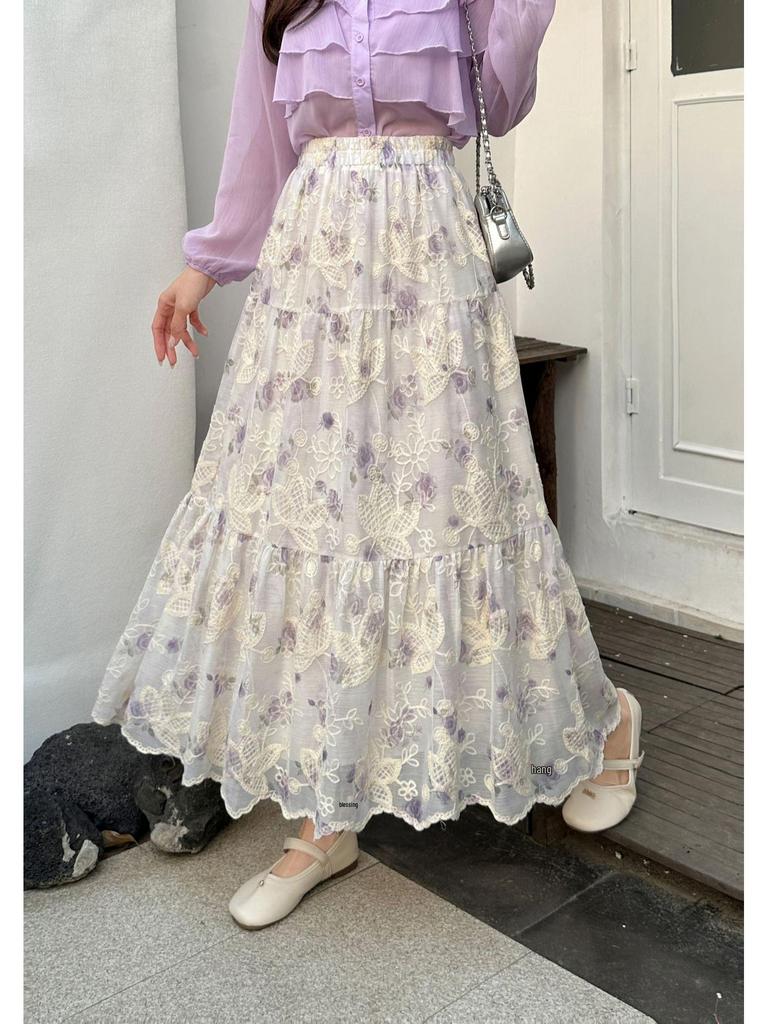 Summer 2025 High-Waist Yellow Floral A-Line Chiffon Skirt for Women R85S657B