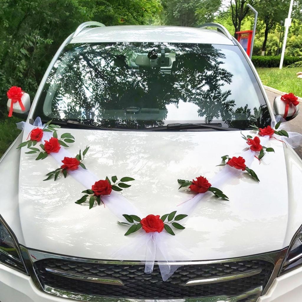 Wedding Car Front Artificial Flowers Ornament Decor Wreath Ribbons Rose Flower