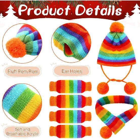 Saintrygo 12 Pcs Dog Leg Warmers Hat Scarf Set Winter Knitted Dog Costume Set Include Warm Striped Hat Small Scarf Leg Warmers for Pet Cat Puppy, S