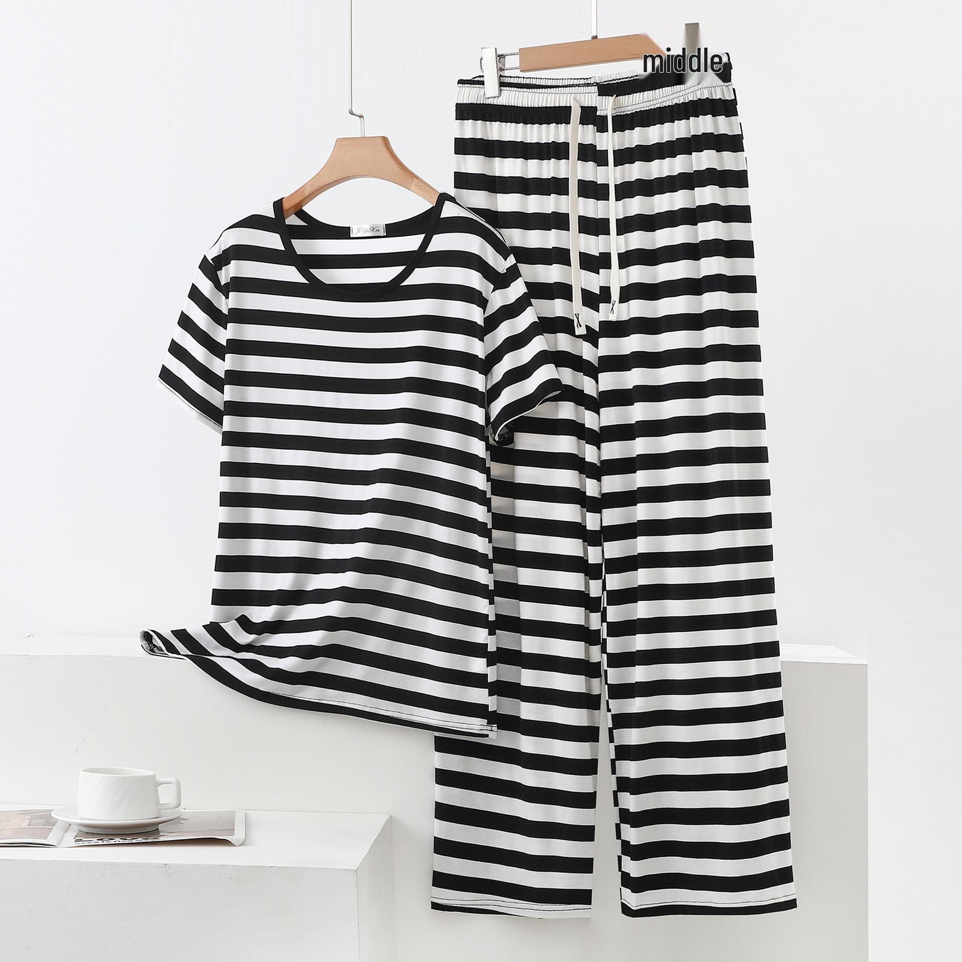 

Women s Plus Size Black & White Striped Summer Two-Piece Set: Modal Short Sleeve T-Shirt & Wide Leg Pants XL