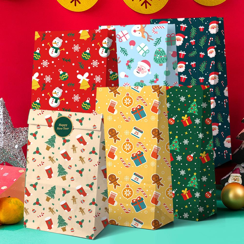 12 Pcs Christmas Gift Bags, Santa Design Kraft Paper Bags with Stickers, Flat Paper Bags for Holiday Gift Wrapping Party