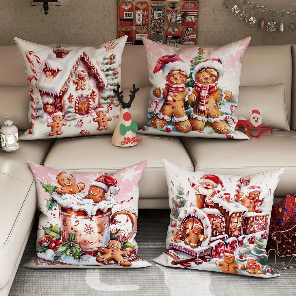 Christmas Gingerbread Man Pillow Case Cute Cookie Train House Print Soft Polyester Square Cushion Cover For Holiday Decor