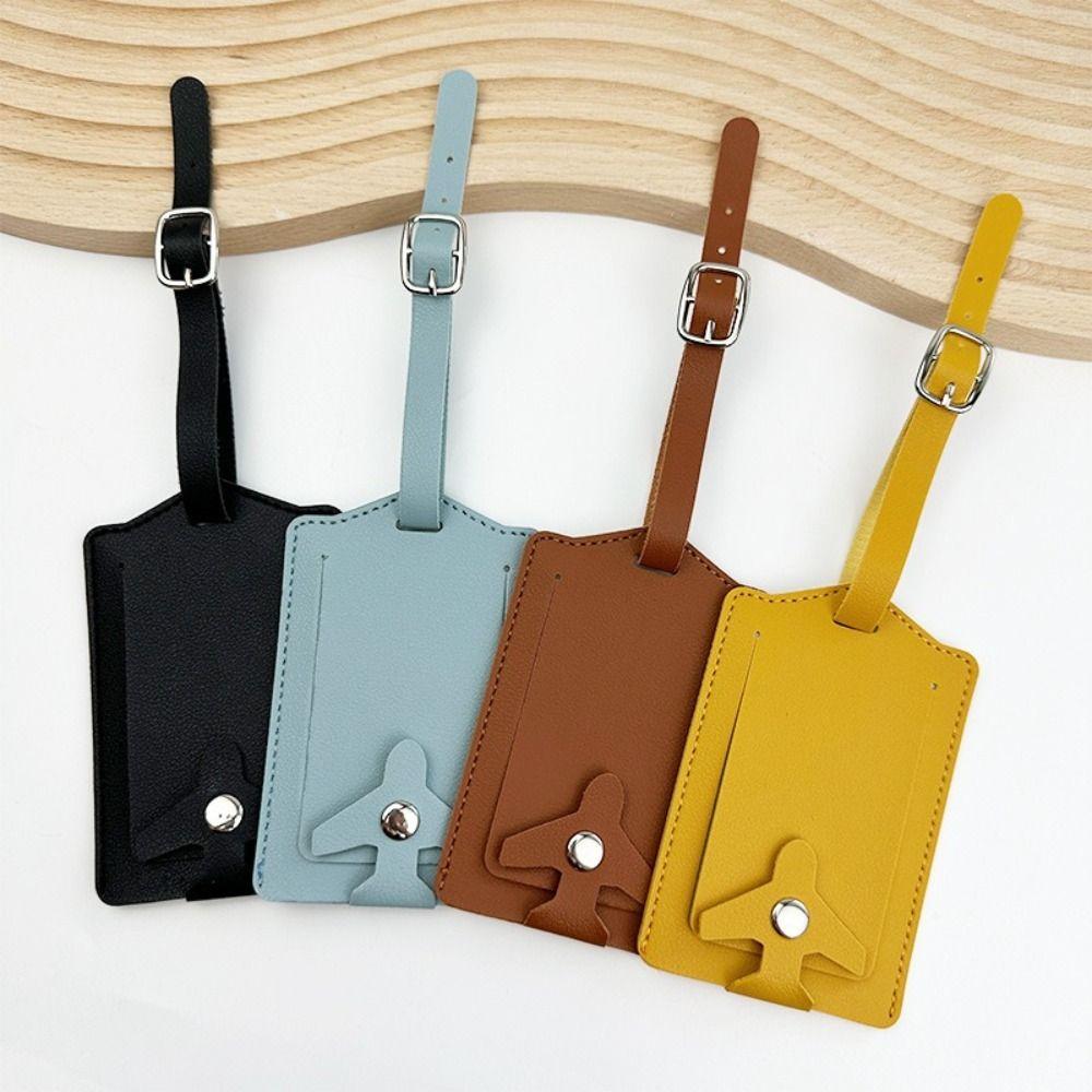 Durable PU Leather Luggage Tag Anti Lost Thickened Suitcase Label Airplane Buckle Flip Cover Boarding Pass Luggage