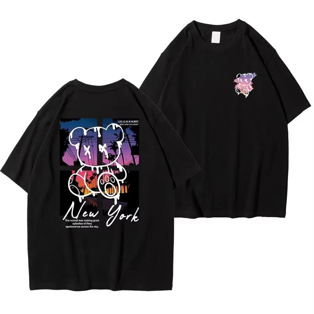 New York Art Word Cartoon Bear Sunset Scenery Design T Shirts Men Fashion Loose Summer  Oversized  Harajuku  Redtube