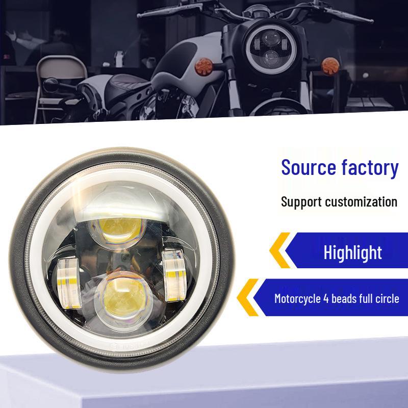 Motorcycle LED Headlight: 4-Bead Full Circle, High Brightness, Waterproof, Improved Heat Dissipation.