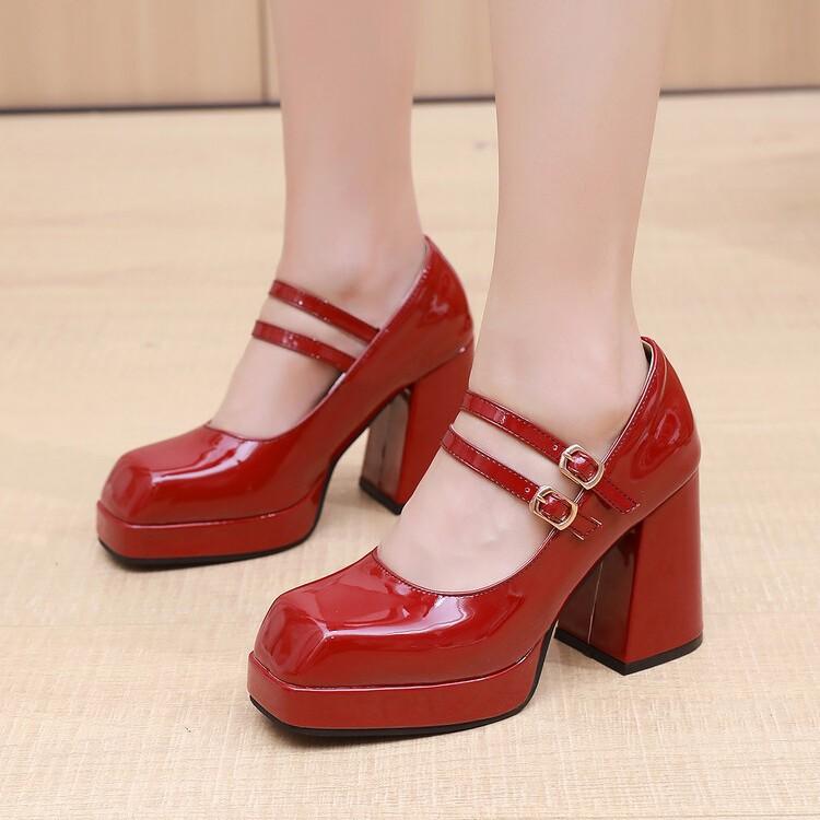 40-47 Foreign Trade Large Size Spring Waterproof Platform Thick High Heel Shallow Mouth Square Head Mary Jane Women's Single Shoes Skinny