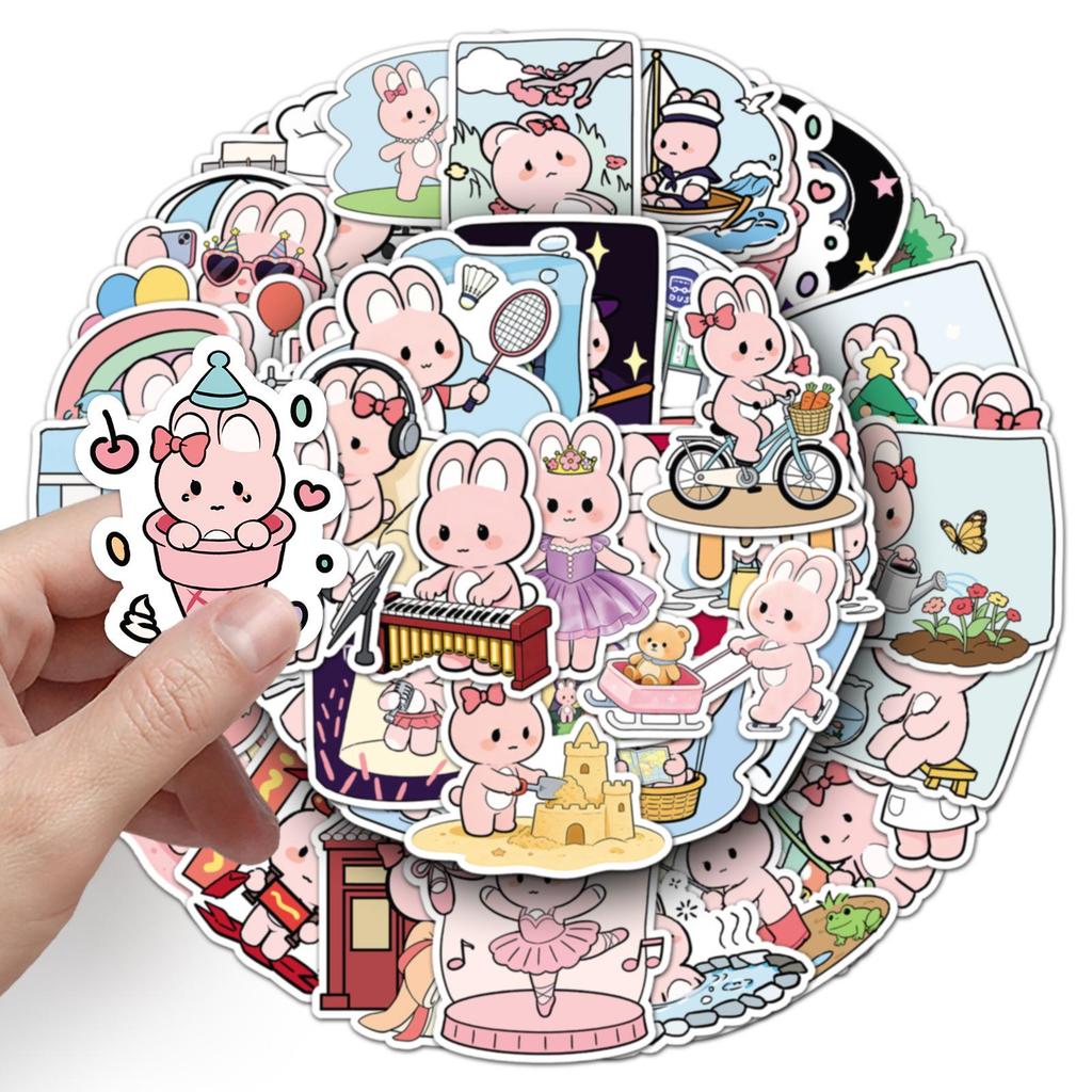 51 Pink Little Rabbit Hand-drawn Cartoon Stickers: Waterproof Decorative Milk Tea Cup Stickers