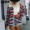 Autumn Women's Loose Zipper Long-sleeved Plush Lapel Color-blocked Geometric Print Plush Coat