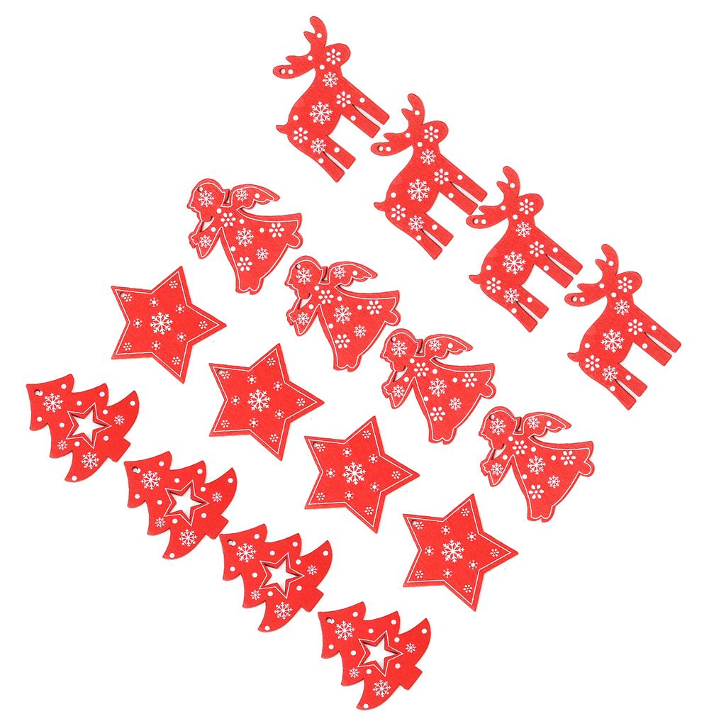 16Pcs Decorative Wood Chips Elk Star Angel Christmas Tree Wooden Hanging Ornaments with Twine