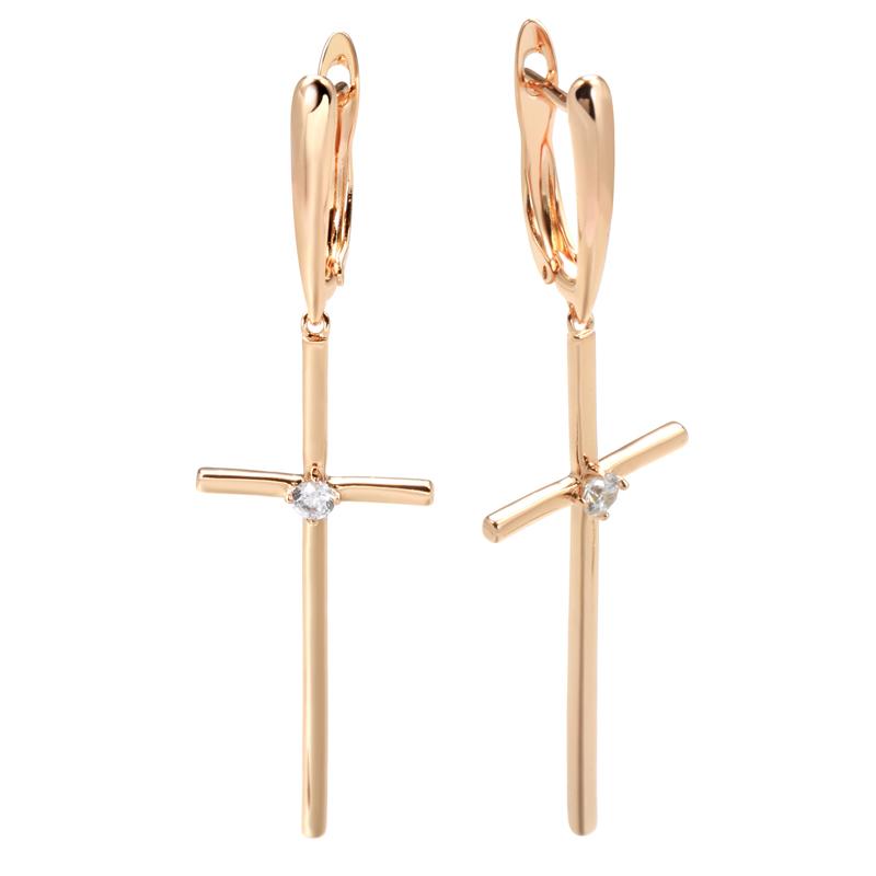 

Rose Gold Color Glossy Cross Long Drop Earrings For Women Fashion Natural Zircon Accessories Religion Jewelry