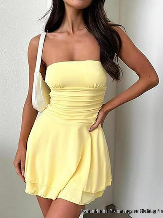 Women's 2025 European & American Summer Strapless Bandeau Dress - Sexy Off-the-Shoulder, Ruffled, Layered Flowy Design