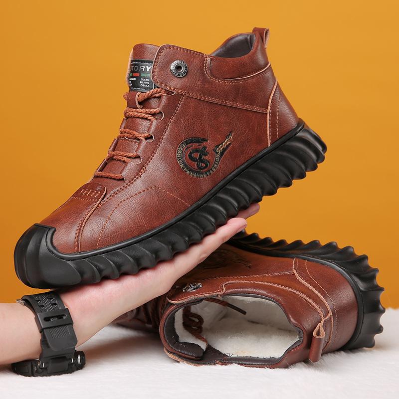Fashion Winter Snow Boots for Men Cow Leather High Top Warm Cotton Shoes Male Fashion Casual New Designer Round Head Ankle Boots Men