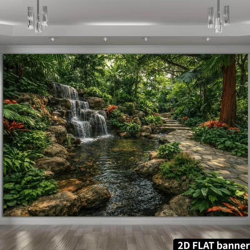 2D Grüner Wald Wasserfall Wandteppich Tropischer Gartenweg Wandkunst Dekor