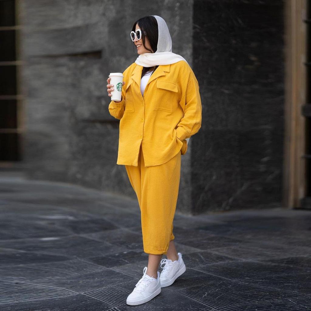 2025 Autumn Women's Two-Piece Set: Loose Solid Color Lapel Shirt & Nine-Point Trousers