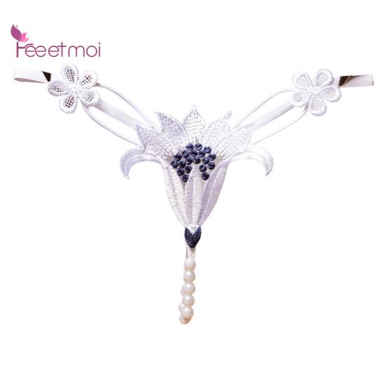 Damenhöschen, atmungsaktiv, niedriger Nylon-Blumenperlen-Unterwäsche, Tanga-Taille