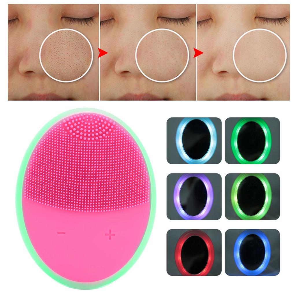 Ultrasonic Silicone Face Cleansing Brush 7 Color Photon Therapy Light Face Cleansing Brush (Rose