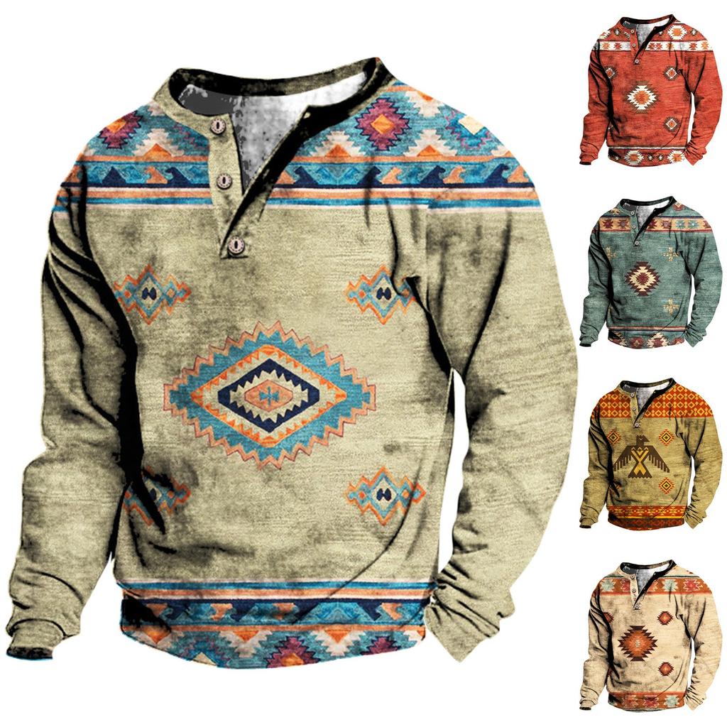 Pullover mit V-Ausschnitt für Herren, 3D-Digitaldruck, Stehkragen, 3 Knöpfe, Vintage-Kragen
