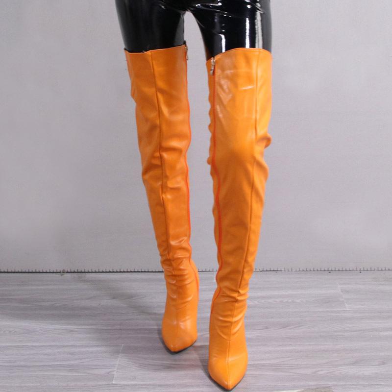 Thin Heels Boots Autumn and Winter Women Polychrome Over The Knee Boot Sexy  Pointed Toe PU Side Zipper Large Size Women Shoes