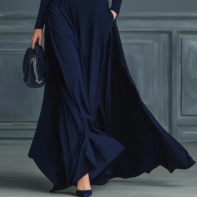 2025 Autumn/Winter Women's Long Sleeve Slimming High Neck Dress with Waist Cinching and Flare Skirt